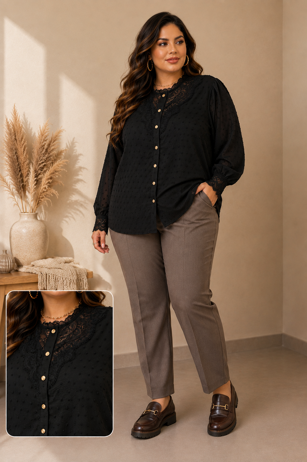 Chemise noire en plumetis avec détails en dentelle