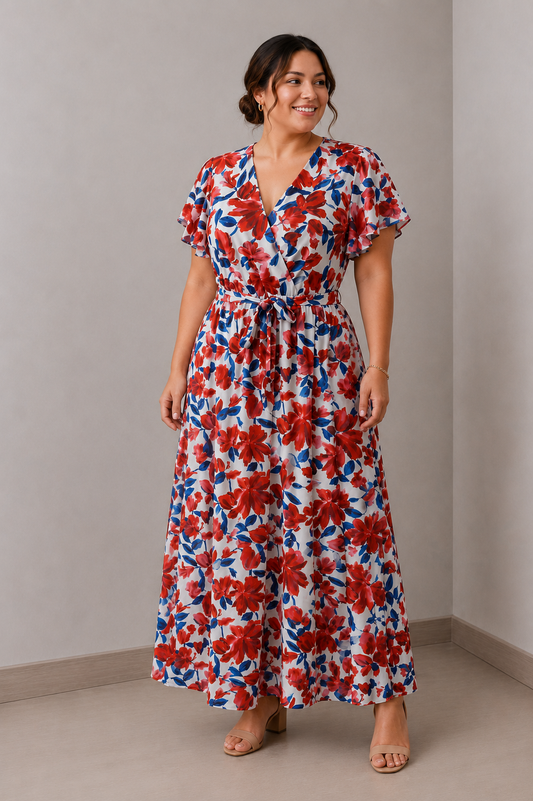 Robe longue fleurie rouge & bleu